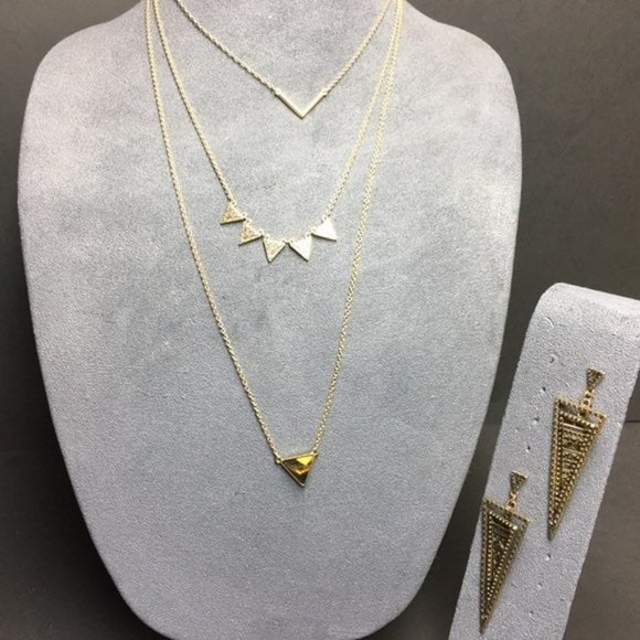 Jewelry - Gold Necklace Earrings Triple Chain Triangle Brown Stone V